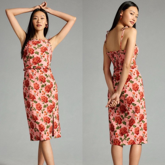 Anthropologie Ruffled Peplum Halter Midi Dress Rose Floral - Picture 1 of 5